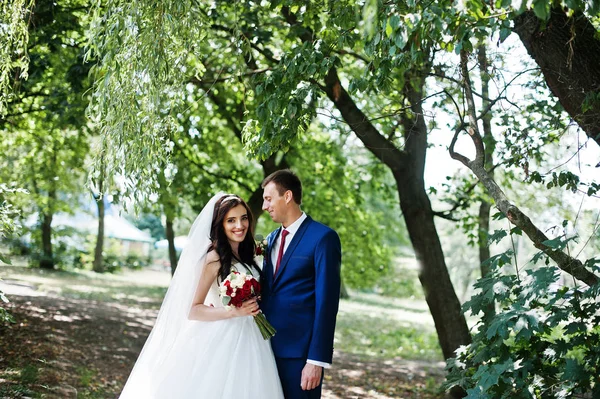 사랑에 화창한 날 공원에서 포옹에 결혼식 한 쌍. — 스톡 사진