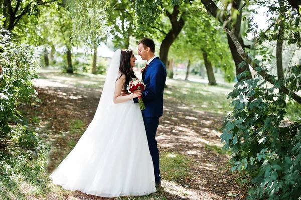 Bruidspaar in liefde knuffelen in park op zonnige dag. — Stockfoto