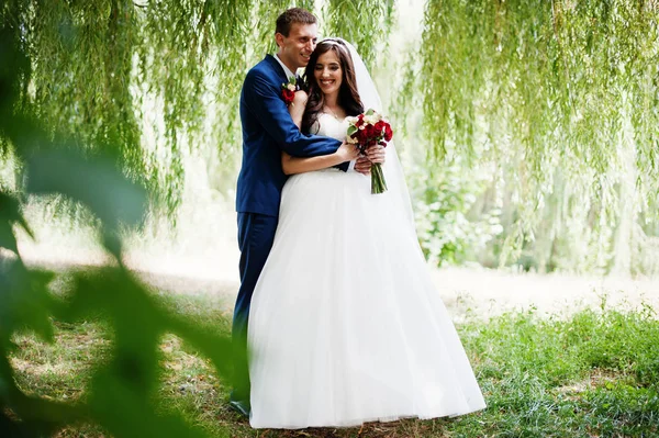 Pareja de boda enamorada abrazándose en el parque en un día soleado . —  Fotos de Stock