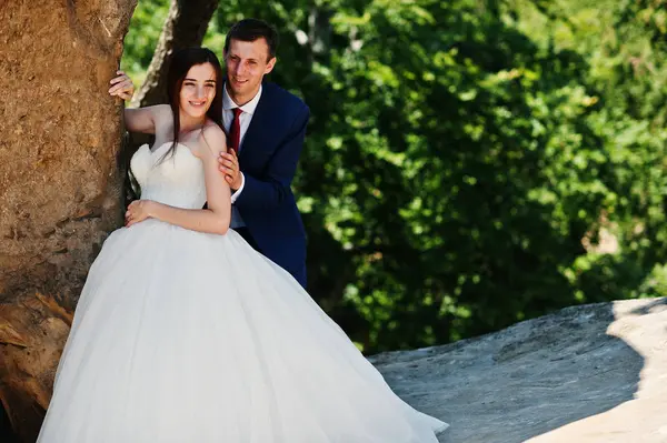 Hermosa pareja de boda en paisajes increíbles con roca Dovbush, C —  Fotos de Stock