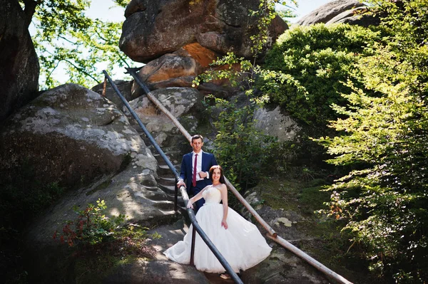 Schönes Hochzeitspaar in atemberaubender Landschaft mit Felsentaubenbusch, — Stockfoto