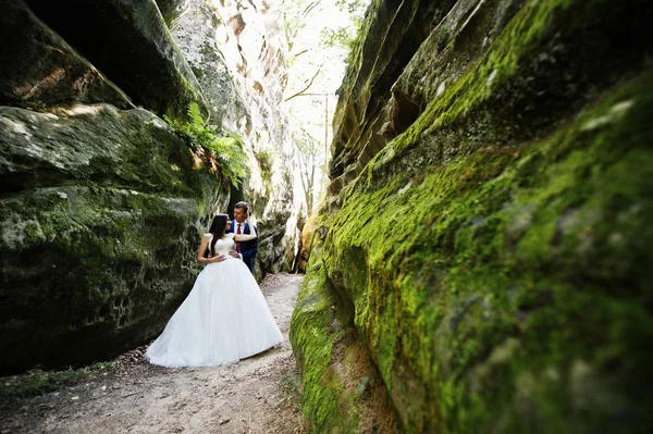 Lovely wedding couple at amazing landscapes with rock Dovbush, C — Stock Photo, Image