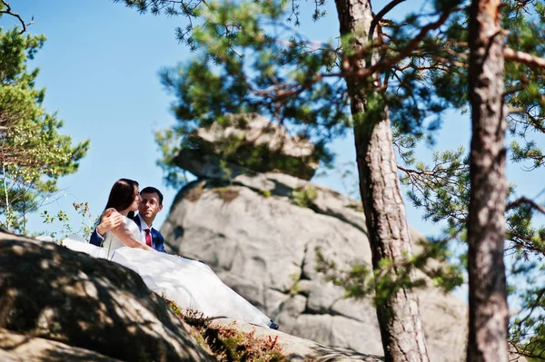 Прекрасная свадебная пара на удивительных ландшафтах с камнем Довбуш, C — стоковое фото