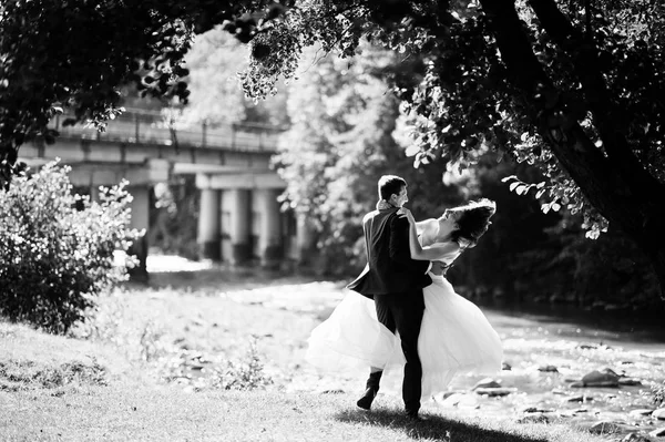 Szép esküvői pár a csodálatos táj marad, szemben mountai — Stock Fotó
