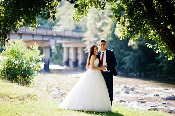Lovely wedding couple at amazing landscapes stay against mountai — Stock Photo, Image