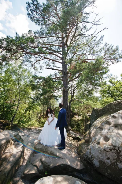 Härlig bröllopsparet på fantastiska landskap med rock Dovbush, C — Stockfoto