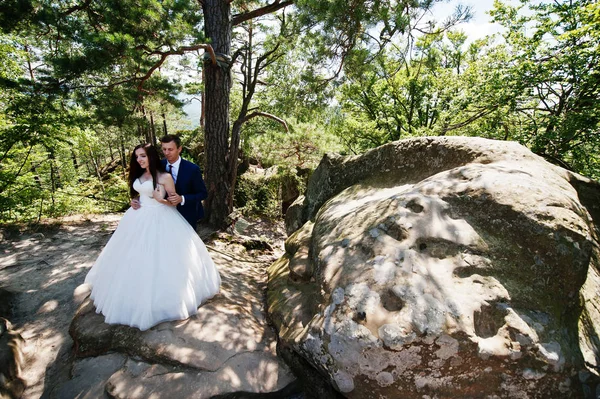 Hermosa pareja de boda en paisajes increíbles con roca Dovbush, C —  Fotos de Stock