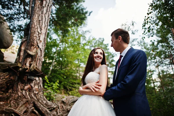 Hermosa pareja de boda en paisajes increíbles con roca Dovbush, C —  Fotos de Stock