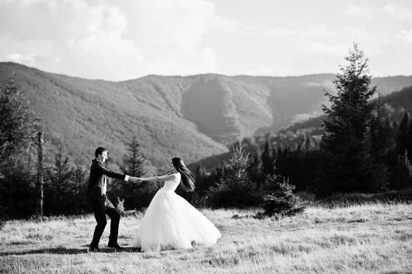 Hermosa pareja de boda en paisajes increíbles de Cárpatos mounta —  Fotos de Stock