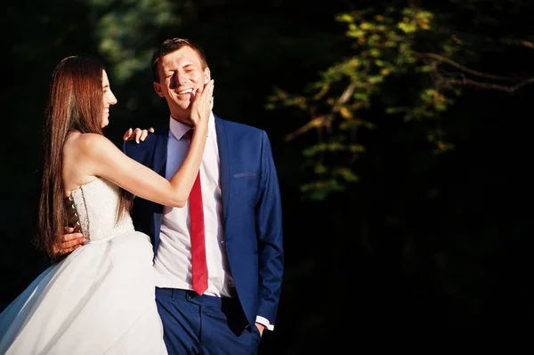 Lovely wedding couple against waterfall on sunset at Carpathian — Stock Photo, Image