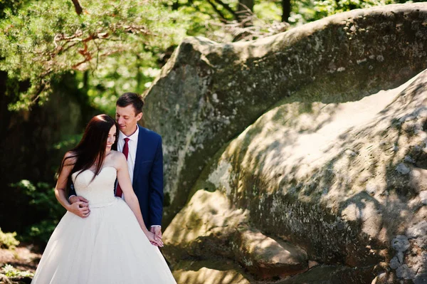 Hermosa pareja de boda en paisajes increíbles con roca Dovbush, C —  Fotos de Stock