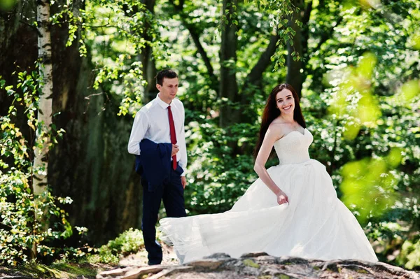 Hermosa pareja de boda en paisajes increíbles con roca Dovbush, C —  Fotos de Stock