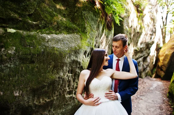 Hermosa pareja de boda en paisajes increíbles con roca Dovbush, C —  Fotos de Stock