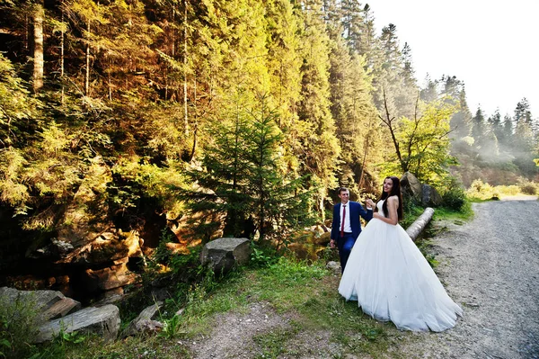 Bella coppia di nozze contro il fiume con pietre a mo Carpazi — Foto Stock