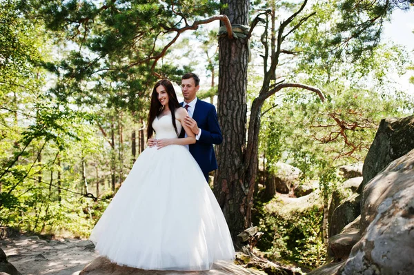 Härlig bröllopsparet på fantastiska landskap med rock Dovbush, C — Stockfoto