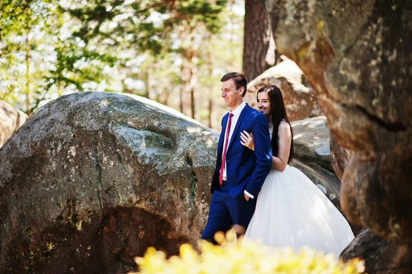 Hermosa pareja de boda en paisajes increíbles con roca Dovbush, C —  Fotos de Stock