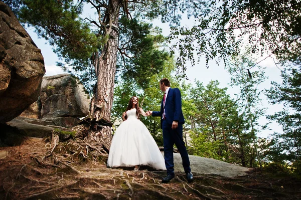 Härlig bröllopsparet på fantastiska landskap med rock Dovbush, C — Stockfoto