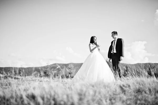 Mooie bruidspaar op verbazingwekkende landschappen van Karpaten mounta — Stockfoto