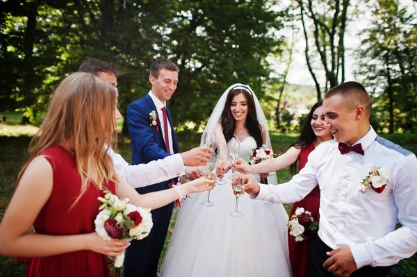 Pasangan pengantin dengan pengiring pengantin dan pria terbaik minum sampanye — Stok Foto