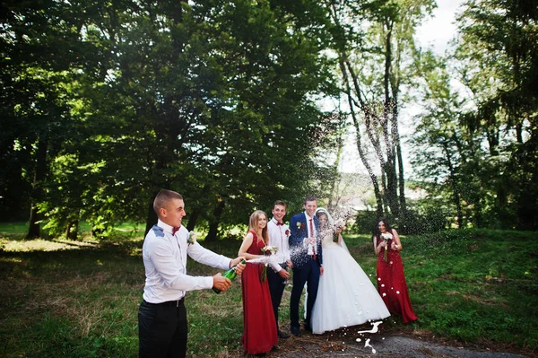 Bruidspaar met bruidsmeisjes en beste mans drinken champagne — Stockfoto