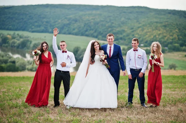 Hochzeitspaar mit Brautjungfern und besten Männern im Freien. — Stockfoto
