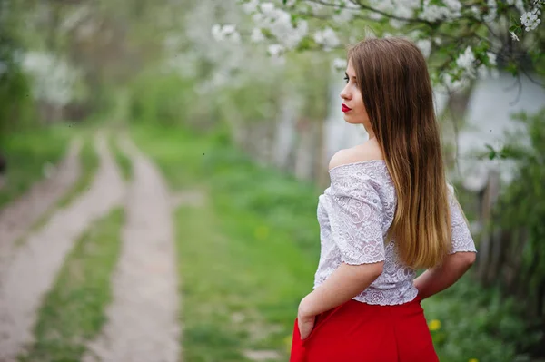 Portret van mooi meisje met rode lippen op lente bloesem garde — Stockfoto