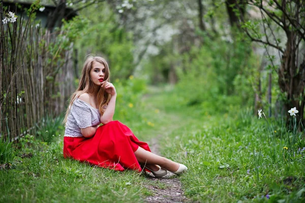 붉은 입술으로 아름 다운 여자 봄 bloss에 앉아의 초상화 — 스톡 사진