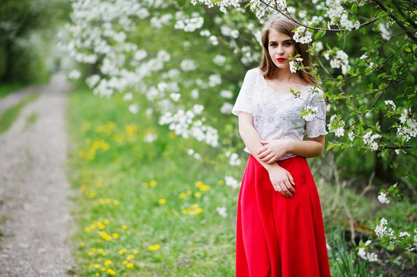 Portret van mooi meisje met rode lippen op lente bloesem garde — Stockfoto