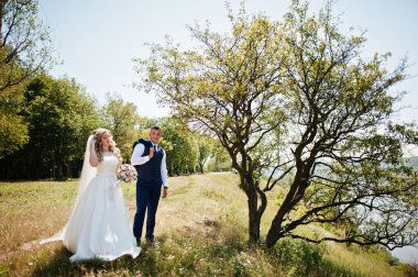 Mutlu evlilik çift ağaçlar güneşli yakınındaki aşık. 