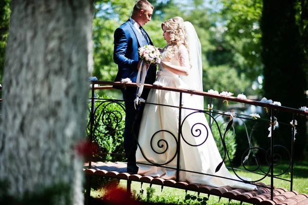 愛に日当たりの良い公園で小さな橋の近くで幸せな結婚式のカップル — ストック写真