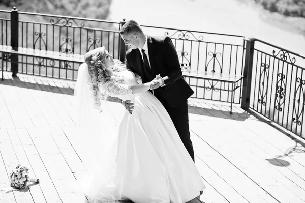 Feliz boda pareja enamorada en la plataforma de observación en el día soleado . — Foto de Stock