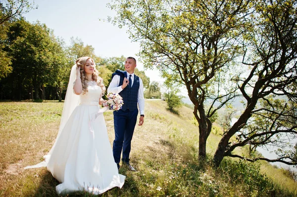 晴れた日に木の近くの愛に幸せな結婚式のカップル. — ストック写真