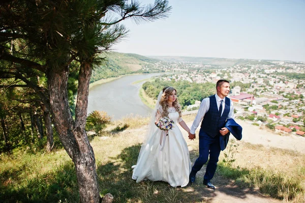 Szczęśliwy ślub para zakochanych w słoneczny dzień zatrzymać się przed cliff wit — Zdjęcie stockowe