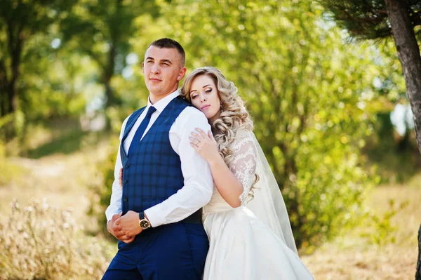 Feliz boda pareja enamorada en día soleado estancia cerca de los árboles . — Foto de Stock