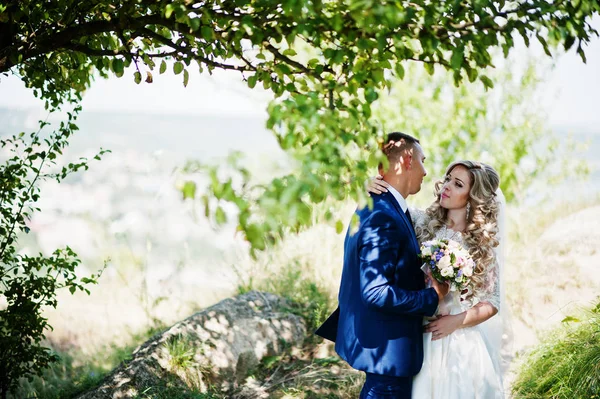 Ζευγάρι ευτυχισμένο γάμο στην αγάπη στην ηλιόλουστη ημέρα διαμονής κοντά σε δέντρα. — Φωτογραφία Αρχείου