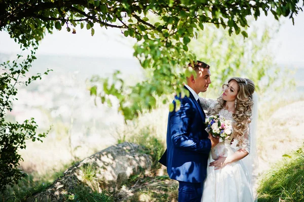 Feliz boda pareja enamorada en día soleado estancia cerca de los árboles . —  Fotos de Stock