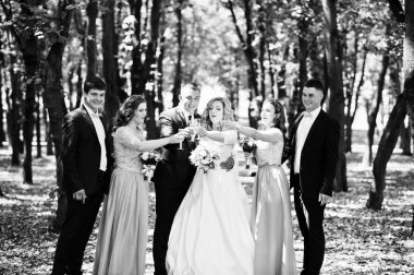 Düğün çifti ile mavi nedime elbiseler ve en iyi adamın ha