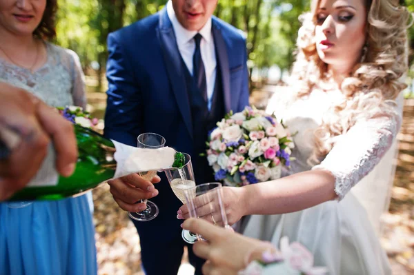 Bröllopsparet med tärnor på blå klänningar och mans bästa ha — Stockfoto