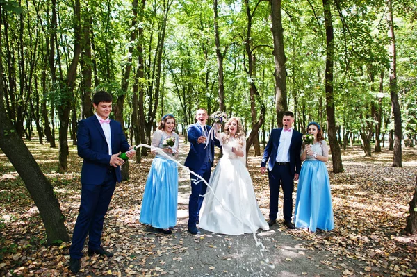 Свадебная пара с подружками невесты на голубых платьях и шаферов ха — стоковое фото