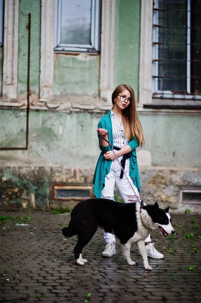 Chica de moda en gafas y pantalones vaqueros rasgados con laik russo-europeo —  Fotos de Stock