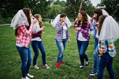 Altı kız, kareli gömlek tavuk parti şampanya içmek. G