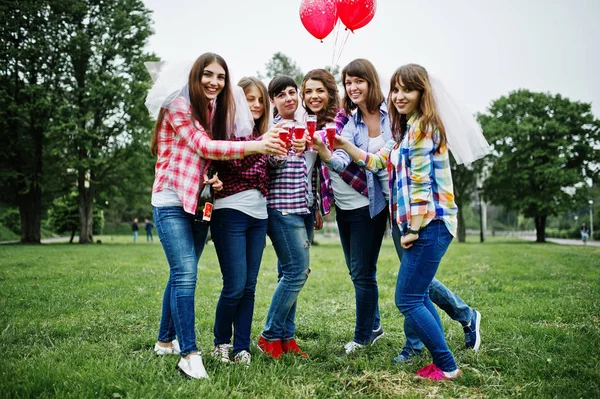 Seis chicas en camisas a cuadros bebiendo champán en despedida de soltera. G — Foto de Stock