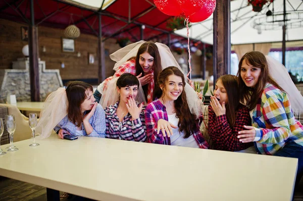 Masada oturan kareli gömlek, neşeli kız grubu — Stok fotoğraf