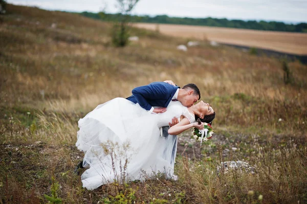 Fantastic wedding couple walking in the tall grass with the pine