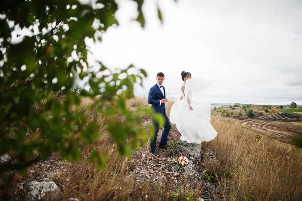 Prachtvolles Hochzeitspaar steht auf dem Stein einer windigen Hochzeit — Stockfoto