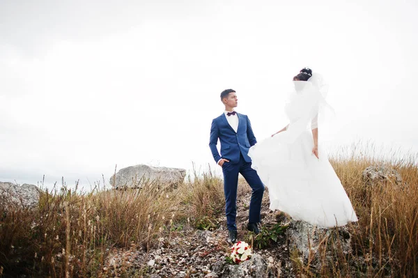 Fantástica pareja de boda caminando en la hierba alta con el pino — Foto de Stock