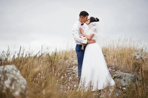 Couple de mariage fantastique marchant dans l'herbe haute avec le pin — Photo