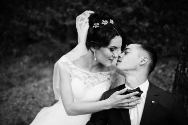 Muhteşem Düğün çifti ormanın tam toprağa öpüşme