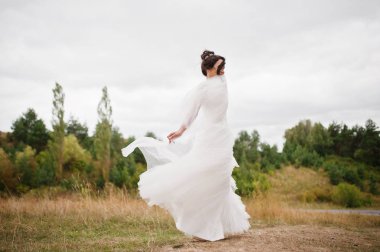 Yalnız muhteşem gelin ona düğün Fotoğraf oturumu için poz bir 