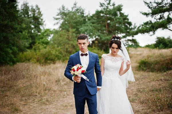 Newly married enjoy each other's company in a beautiful countrys — Stock Photo, Image